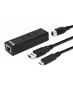 Plugable Technologies USB Hub with Ethernet, 3 port USB 3.0 Bus Powered Hub with Gigabit Ethernet Compatible with Windows, MacBook, Linux, Che OS, Includes USB C and USB 3.0 Cables USB3-HUB3ME