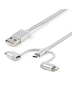 StarTech.com 1 m (3 ft.) USB Multi Charging Cable - USB to Micro-USB or USB-C or Lightning for iPhone / iPad / iPod / Android - Apple MFi  - 3 in 1 USB Charger - Braided LTCUB1MGR