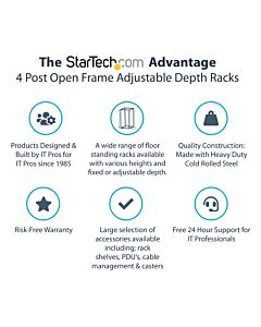 StarTech.com 4-Post 15U Mobile Open Frame Server Rack, Four Post 19" Network Rack with Wheels, Rolling Rack with Adjustable Depth for Computer/AV/Data/IT Equipment - Casters, Leveling Feet or Floor Mounting 4POSTRACK15U