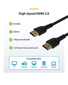 StarTech.com 3ft (1m) Slim HDMI 2.0 Cable, Flexible Premium  HDMI Cord with Ethernet, UHD 4K 60Hz HDR10, Durable Aramid Fiber Design with TPE Jacket RHDMM1MP