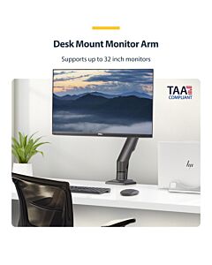 StarTech.com Desk Mount Monitor Arm, Up To 32" Display, Max 22lb/10kg, VESA 75x75/100x100, C-Clamp, Fully Articulating, Mechanical Spring, TAA-compliant H1M1AG2-MONITOR-ARM