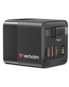 Verbatim GaN Charger 65W 2 Port retractable cable display US plugs with EU and UK adaptors 32217