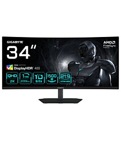 GIGABYTE G34WQC2 34” WQHD Curved Gaming Monitor - 3440 x 1440, 1500R, 200Hz, 1ms, 450 cd/m2, AMD FreeSync Premium, DisplayHDR 400, HDMI 2.0, Displayport 1.4 G34WQC2-EK