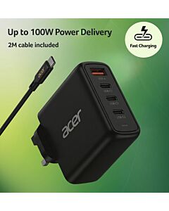 Acer 100W PD Charger, USB Port: 3C+1A, UK Plug, 100W USB-C Cable, Black ZL.ADTCC.00M