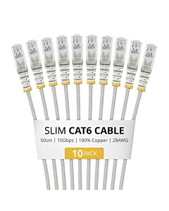 StarTech.com 50cm Gray Slim CAT6 Cable, 10 Pack, Snagless, 100W PoE, UTP, LSZH, 28AWG Pure Bare Copper Wire, Slim RJ45 Network Patch Cord w/Strain Reliefs, Individually Tested N6PAT50CMGRS10PK