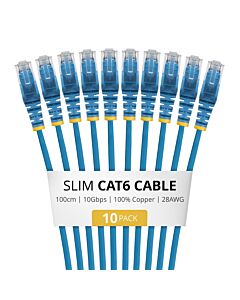 StarTech.com 1m Blue Slim CAT6 Cable, 10 Pack, Snagless, 100W PoE, UTP, LSZH, 28AWG Pure Bare Copper Wire, Slim RJ45 Network Patch Cord w/Strain Reliefs, Individually Tested N6PAT100CMBLS10PK