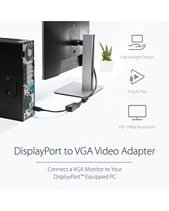 StarTech.com DisplayPort to VGA Adapter - Active DP to VGA Converter - 1080p Video - DisplayPort  - DP/DP++ Source to VGA Monitor Cable Adapter Dongle - Latching DP Connector DP2VGA2