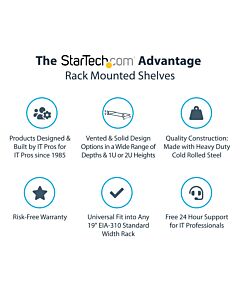 StarTech.com 2U Server Rack Shelf - Universal Vented Rack Mount Cantilever Tray for 19" Network Equipment Rack & Cabinet - Heavy Duty Steel - Weight Capacity 50lb/23kg - 16" Deep Shelf, Black