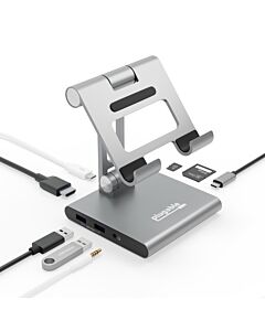 Plugable Technologies 8-in-1 USB C Hub for iPad with Stand, 100W Pass-Through Charging, USB C Docking Station for iPad, 1x HDMI, 2X USB, Audio, SD, Driverless, Compatible with Windows, iPadOS, Phones, Tablets