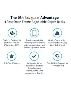 StarTech.com 4-Post 42U Mobile Open Frame Server Rack, Four Post 19" Network Rack with Wheels, Rolling Rack with Adjustable Depth for Computer/AV/Data/IT Equipment - Casters, Leveling Feet or Floor Mounting 4POSTRACK42