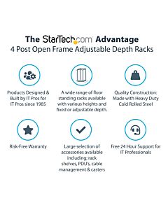 StarTech.com 4-Post 18U Mobile Open Frame Server Rack, Four Post 19" Network Rack with Wheels, Rolling Rack with Adjustable Depth for Computer/AV/Data/IT Equipment - Casters, Leveling Feet or Floor Mounting 4POSTRACK18U