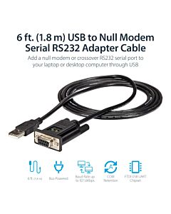 StarTech.com 6ft (1.8m) 1-Port USB to Serial RS232 Adapter, FTDI DB9 Serial DCE Adapter Cable, Null Modem, USB 2.0 - TAA