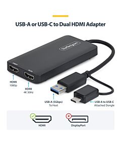 StarTech.com USB to Dual HDMI Adapter, USB A/C to 2x HDMI Displays (1x 4K30Hz, 1x 1080p), Integrated USB-A to C Dongle, 4in/11cm Cable, USB 3.0 to HDMI Display Adapter, Windows & macOS