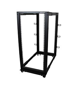 StarTech.com 4-Post 25U Mobile Open Frame Server Rack, Four Post 19in Network Rack with Wheels, Rolling Rack with Adjustable Depth for Computer/AV/Data/IT Equipment - Casters, Leveling Feet or Floor Mounting