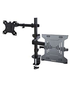 StarTech.com Monitor Arm with VESA Laptop Tray, For a Laptop (4.5kg/9.9lb) and a Single Display up to 32" (8kg/17.6lb), Black, Vented Tray, Adjustable Laptop Arm Mount, C-clamp/Gmet Mount