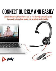 HP Poly Blackwire 3310 Monaural Microsoft Teams  USB-C Headset +USB-C/A Adapter 8X216AA