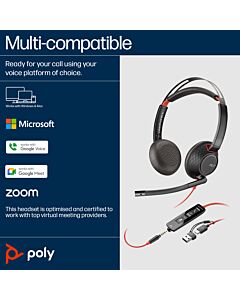 Poly Blackwire 5220 Stereo USB-C Headset +3.5mm Plug +USB-C/A Adapter (Bulk)