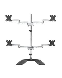 StarTech.com Desktop Quad Monitor Stand - Ergonomic VESA 4 Monitor Arm (2x2) up to 32" - Free Standing Articulating Universal Pole Mount - Height Adjustable/Tilt/Swivel/Rotate - Silver