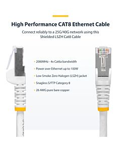 StarTech.com 5m White CAT8 Ethernet Cable, Snagless RJ45, 25G/40G, 2000MHz, 100W PoE++, S/FTP, 26AWG Pure Bare Copper Wire, LSZH, Shielded Network Patch Cord w/Strain Reliefs, Fluke Channel Tested