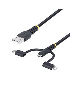 StarTech.com 3.3ft (1m) Rugged USB Multi Charging Cable, USB to Lightning/Micro-USB/Type-C, Apple MFi Certified, Aramid Jacket, Universal 3-in-1 USB Charger Cord for iPhone/iPad/Android