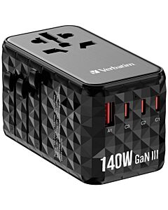 Verbatim UTA-10 140W GaN III Universal Travel Adapter with 2 x USB-C PD 3.1 & QC 4+, 1 x USB-C PD 3.0 & 1 x USB-A QC 3.0 ports 32125