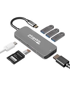 Plugable Technologies USB-C Hub 7-in-1, Driverless USB C Hub Compatible with Mac, Windows, Chebook, USB4, Thunderbolt 4, and More (4K HDMI, 3 USB 3.0, SD & microSD Card Reader, 100W Charging) USBC-7IN1