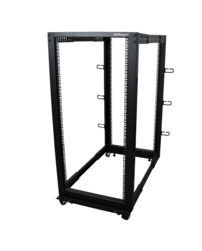 StarTech.com 4-Post 25U Mobile Open Frame Server Rack, Four Post 19in Network Rack with Wheels, Rolling Rack with Adjustable Depth for Computer/AV/Data/IT Equipment - Casters, Leveling Feet or Floor Mounting