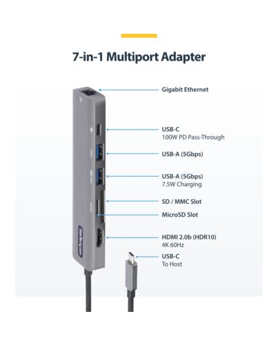 StarTech.com USB-C Multiport Adapter Hub, USB-C to 4K 60Hz HDMI, Gigabit Ethernet and 100W Laptop Charging for Macbook Pro / Air and Windows