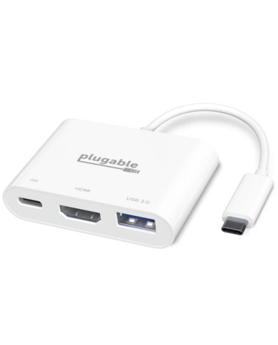 Plugable Technologies USB C to HDMI Multiport Adapter, Driverless 3-in-1 USB C Hub with 4K HDMI Output, USB 3.0 and USB-C Charging Port, Compatible with MacBook, Chebook, Dell XPS, Thunderbolt 3 and More USBC-MD103