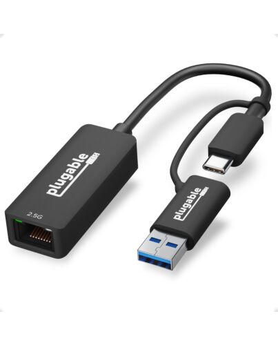 Plugable Technologies 2.5G USB C and USB to Ethernet Adapter, 2-in-1 Adapter Compatible with USB-C Thunderbolt 3 or USB 3.0, USB-C to RJ45 2.5 Gigabit LAN Ethernet, Compatible with Mac and Windows