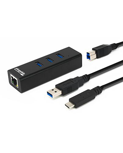 Plugable Technologies USB Hub with Ethernet, 3 port USB 3.0 Bus Powered Hub with Gigabit Ethernet Compatible with Windows, MacBook, Linux, Chrome OS, Includes USB C and USB 3.0 Cables