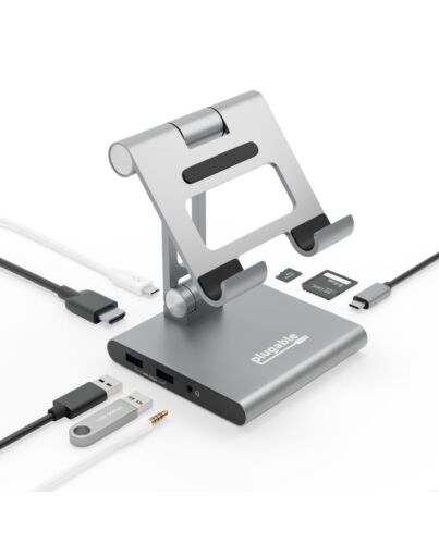 Plugable Technologies 8-in-1 USB C Hub for iPad with Stand, 100W Pass-Through Charging, USB C Docking Station for iPad, 1x HDMI, 2X USB, Audio, SD, Driverless, Compatible with Windows, iPadOS, Phones, Tablets