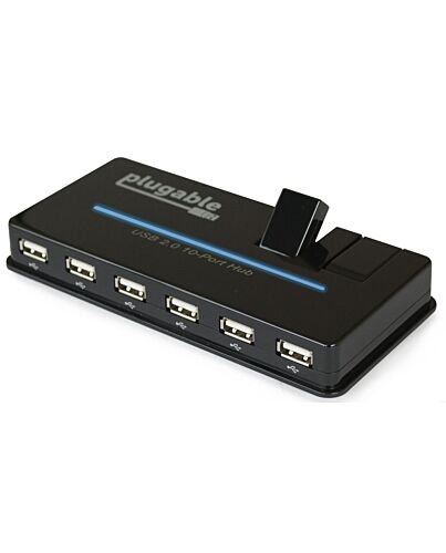 Plugable Technologies USB Hub, 10 Port - USB 2.0 with 20W Power Adapter and Two Flip-Up Ports