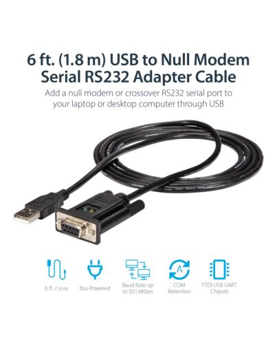 StarTech.com 6ft (1.8m) 1-Port USB to Serial RS232 Adapter, FTDI DB9 Serial DCE Adapter Cable, Null Modem, USB 2.0 - TAA
