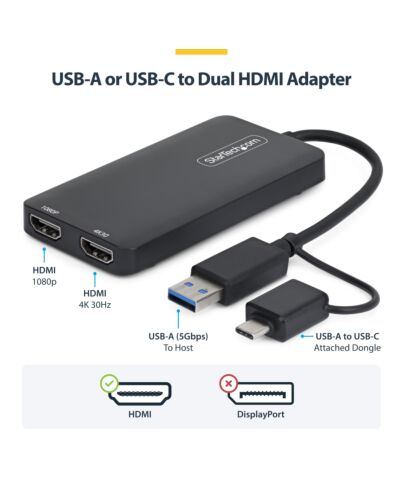 StarTech.com USB to Dual HDMI Adapter, USB A/C to 2x HDMI Displays (1x 4K30Hz, 1x 1080p), Integrated USB-A to C Dongle, 4in/11cm Cable, USB 3.0 to HDMI Display Adapter, Windows & macOS