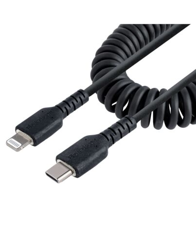 StarTech.com 20in / 50cm USB C to Lightning Cable, MFi Certified, Coiled iPhone Charger Cable, Black, Durable TPE Jacket Aramid Fiber, Heavy Duty Coil Lightning Cable