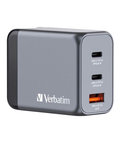 Verbatim GNC-65 GaN Charger 65W with 2 x USB-C PD 65W / 1 x USB-A QC 3.0 (EU/UK/US)