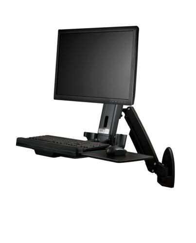 StarTech.com Wall Mount Workstation - Articulating Full Motion Standing Desk with Ergonomic Height Adjustable Monitor & Keyboard Tray Arm - Mouse & Scanner Holders - Single VESA Display