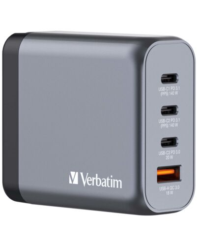 Verbatim GNC-140 GaN Charger 140W with 2 x USB-C PD 140W / 1 x USB-C PD 20W / 1 x USB-A QC 3.0 (EU/UK/US)