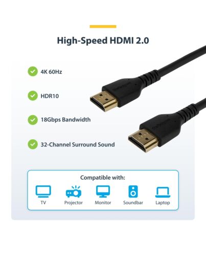 StarTech.com 6ft (2m) Slim HDMI 2.0 Cable, Flexible Premium  HDMI Cord with Ethernet, UHD 4K 60Hz HDR10, Durable Aramid Fiber Design with TPE Jacket RHDMM2MP