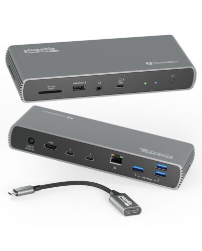 Plugable Technologies Thunderbolt 4 Dock with 100W Charging, Thunderbolt Certified, 3x Thunderbolt Ports, Laptop Docking Station Dual Monitor Single 8K or Dual 4K Monitor, 2.5G Ethernet, 1x SD, 4x USB