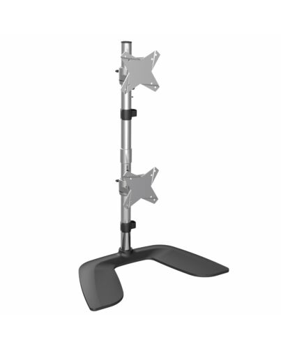 StarTech.com Vertical Dual Monitor Stand - Ergonomic Desktop Stacked Two Monitor Stand up to 27 inch VESA Mount Displays - Free Standing Universal Monitor Mount - Height Adjustable - Silver