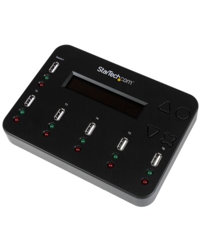 StarTech.com Standalone 1 to 5 USB Thumb Drive Duplicator and Eraser, Multiple USB Flash Drive Copier, System and File and Whole-Drive  at1.5 GB/min, Single and 3-Pass Erase, LCD Display - TAA USBDUP15