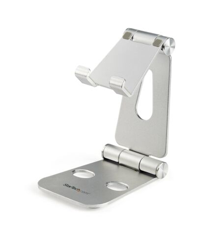 StarTech.com Phone and Tablet Stand - Foldable Universal Mobile Device Holder for Smartphones & Tablets - Adjustable Multi-Angle Ergonomic Cell Phone Stand for Desk - Portable - Silver