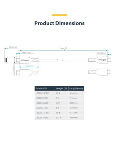 StarTech.com 3m (9.8ft) USB-C Charging Cable, USB C Cable, USB 2.0 Type-C Laptop Charger Cord, 60W 3A Power Delivery, TPE Jacket, USB-C Data Transfer Cable, M/M USB2CC3MBKE