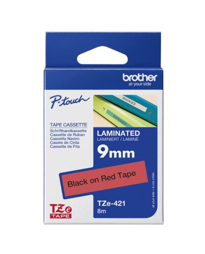 Brother TZE-421 label-making tape Black on red