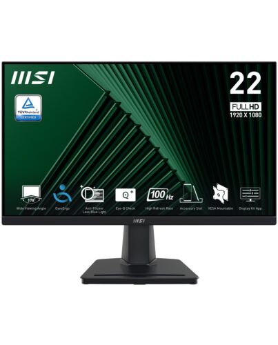 MSI Pro MP225V 21.45 Inch Monitor, FHD (1920 x 1080), 100Hz, VA, 1ms, 1x HDMI 1.4b, 1x D-Sub(VGA), Anti-Glare, Anti-Flicker, Less Blue light, TÜV Certified, VESA, Kensington, Black