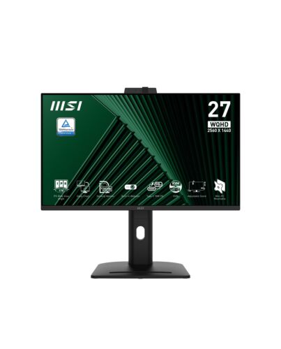 MSI Pro MP275QPDG 27 Inch Monitor, QHD (2560 x 1440), 100Hz, IPS, 1ms, 2x HDMI 2.0b, 1x DP 1.2a input, 1x DP 1.2a output, 1x Type-C (DP alt.) w/ 98W PD, 1x LAN, 4xUSB 5Gbps Type-A, 1x USB 5Gbps Type-B, Built-in Speakers, Webcam, Daisy Chain, HDR Ready, An