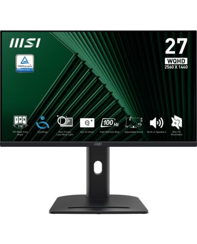 MSI Pro MP275QPG 27 Inch Monitor, QHD (2560 x 1440), 100Hz, IPS, 1ms, 2x HDMI 2.0b, 1x DP 1.2a output, Built-in Speakers, Anti-Glare, Anti-Flicker, Less Blue light, TÜV Certified, VESA, Kensington, 4-way adjustable stand, Black