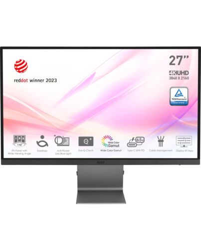 MSI Modern MD271UL 27 Inch Monitor, UHD (3840 x 2160), 60Hz, IPS, 4ms, Adaptive-Sync, 2x HDMI, DisplayPort, USB Type-C, Anti-Glare, Anti-Flicker, Less Blue light, TÜV Certified, Kensington, Grey